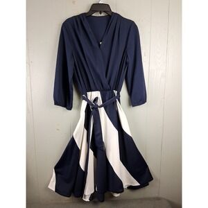 VINTAGE‎ 60s 70s Fit & Flare Dress 12 Blue White Belted V Neck Swing Dance Party
